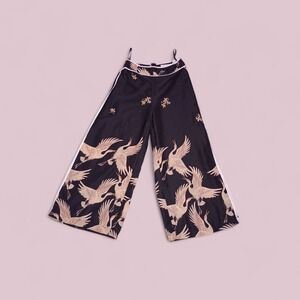 L'ATISTE Black Wide-Leg Pants with Crane Print